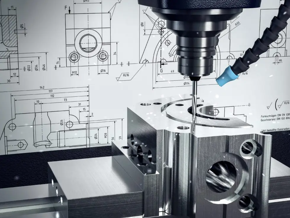 CNC end mill cutting a machined steel block, with the part drawings behind