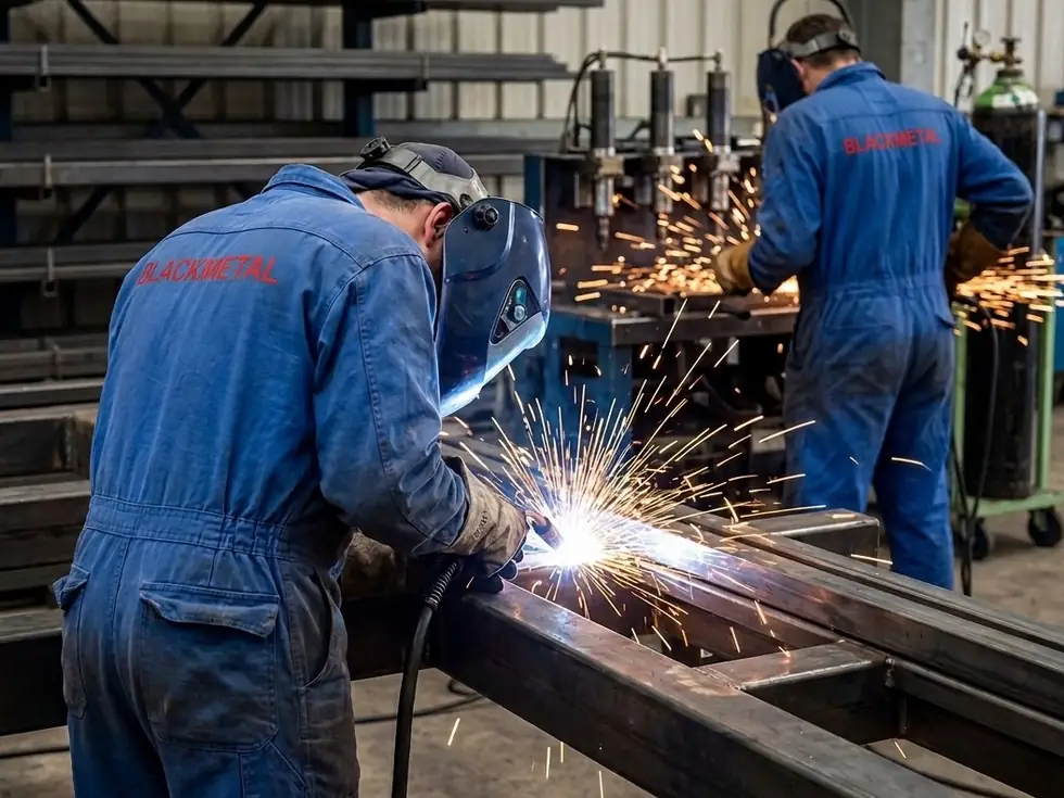 Blackmetal welders joining structural steel sections in the Musaffah workshop